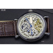 Load image into Gallery viewer, Masterpiece, an enchanting interpretation of time brought to its pure skeleton essence. Aesthetically perfected with inventive and meticulous architecture with a flying Tourbillon, encased with high quality 316L stainless steel casing and powered by a 21 jewel automatic movement with a 60-hour power reserve and a moon phase.