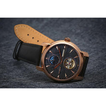 Load image into Gallery viewer, Tour de Noir salutes the traditional craftsmanship with all the ingredients for a true watch collector. Distinctly confident and classic with exclusive features including moon phase, minute, hour, second indicators, open heart caliber with a flying Tourbillon providing a 60-hour power reserve for precision and focus.