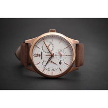 Load image into Gallery viewer, L'Atelier Dual Time is a venture into fine craftsmanship and an elevation of contemporary design. Exuding an air of fine taste and class with a flawless aesthetic face, the satin brushed rose-gold stainless steel casing embodies modern exclusivity. Features include a Date, Day/Night Indicator, Second Time Zone and a Power Reserve Display showing you exactly the percentage remaining on the self winding 21 jewel automatic calibre.