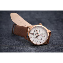 Load image into Gallery viewer, L'Atelier Dual Time is a venture into fine craftsmanship and an elevation of contemporary design. Exuding an air of fine taste and class with a flawless aesthetic face, the satin brushed rose-gold stainless steel casing embodies modern exclusivity. Features include a Date, Day/Night Indicator, Second Time Zone and a Power Reserve Display showing you exactly the percentage remaining on the self winding 21 jewel automatic calibre.