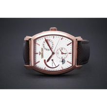 Load image into Gallery viewer, Le Cadre is a venture into fine craftsmanship and an elevation of contemporary design. Exuding an air of fine taste and class with a flawless aesthetic face, the rose-gold coated stainless steel rectangular structure embodies sheer exclusivity. Features within our signature Matt Arend calibre, 21 jewel automatic movement with a 60-hour power reserve, day/night, date, hour, minute, second, dual time zone and power reserve of moment indicator functions.