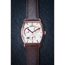 Load image into Gallery viewer, Le Cadre is a venture into fine craftsmanship and an elevation of contemporary design. Exuding an air of fine taste and class with a flawless aesthetic face, the rose-gold coated stainless steel rectangular structure embodies sheer exclusivity. Features within our signature Matt Arend calibre, 21 jewel automatic movement with a 60-hour power reserve, day/night, date, hour, minute, second, dual time zone and power reserve of moment indicator functions.