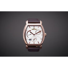 Load image into Gallery viewer, Le Cadre is a venture into fine craftsmanship and an elevation of contemporary design. Exuding an air of fine taste and class with a flawless aesthetic face, the rose-gold coated stainless steel rectangular structure embodies sheer exclusivity. Features within our signature Matt Arend calibre, 21 jewel automatic movement with a 60-hour power reserve, day/night, date, hour, minute, second, dual time zone and power reserve of moment indicator functions.