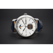 Load image into Gallery viewer, Tour De Blanche salutes the traditional craftsmanship with all the ingredients for a true watch collector. Distinctly confident and classic with exclusive features including moon phase, minute, hour, second indicators, open heart caliber with a flying Tourbillon providing a 60-hour power reserve for precision and focus.