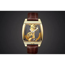 Load image into Gallery viewer, The Excalibur series is a stunning timepiece with unique face design. Now available in a gorgeous Tonneau Shape on a brown leather strap. A mechanical piece of mechanical art with an automatic movement that is fully transparent with a delicate movement that is soothing for the eye.