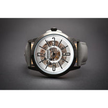 Load image into Gallery viewer, The Big 4 is our latest skeleton addition, a blend of futuristic cool, slim numerals and clean geometric lines on the dial and a smooth and luxurious jet black casing attached to a soft grey genuine leather strap and black buckle.