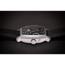 Load image into Gallery viewer, Le Cadre is a venture into fine craftsmanship and an elevation of contemporary design. Exuding an air of fine taste and class with a flawless aesthetic face, the silver coated stainless steel rectangular structure embodies sheer exclusivity. Features include a flying Tourbillon within our signature Matt Arend skeleton calibre, 21 jewel automatic movement with a 60-hour power reserve, day/night, date, hour, minute, second, dual time zone and power reserve of moment indicator functions.