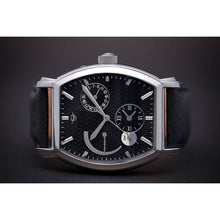 Load image into Gallery viewer, Le Cadre is a venture into fine craftsmanship and an elevation of contemporary design. Exuding an air of fine taste and class with a flawless aesthetic face, the silver coated stainless steel rectangular structure embodies sheer exclusivity. Features include a flying Tourbillon within our signature Matt Arend skeleton calibre, 21 jewel automatic movement with a 60-hour power reserve, day/night, date, hour, minute, second, dual time zone and power reserve of moment indicator functions.