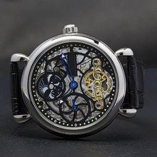 Load image into Gallery viewer, Masterpiece Minuit, an enchanting interpretation of time brought to its pure skeleton essence. Aesthetically perfected with inventive and meticulous architecture with a flying Tourbillon, encased with high quality 316L stainless steel casing and powered by a 21 jewel automatic movement with a 60-hour power reserve and a moon phase.
