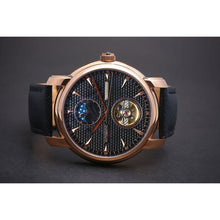 Load image into Gallery viewer, Tour de Noir salutes the traditional craftsmanship with all the ingredients for a true watch collector. Distinctly confident and classic with exclusive features including moon phase, minute, hour, second indicators, open heart caliber with a flying Tourbillon providing a 60-hour power reserve for precision and focus.
