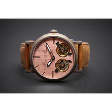 Load image into Gallery viewer, With this newest edition of our Dual Escapement Collection, we are expressing the beauty and elegance of bronze and copper metals through a heat-tempered brushed stainless steel casing and the gorgeously finished copper dial on bronze background. The idea was to create a premium luxury piece with the flair of a modern vintage automatic watch. The soft padded genuine leather strap in nubuck light brown perfects the exclusive feel to this piece.

