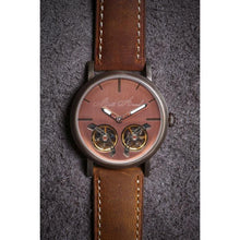 Load image into Gallery viewer, With this newest edition of our Dual Escapement Collection, we are expressing the beauty and elegance of bronze and copper metals through a heat-tempered brushed stainless steel casing and the gorgeously finished copper dial on bronze background. The idea was to create a premium luxury piece with the flair of a modern vintage automatic watch. The soft padded genuine leather strap in nubuck light brown perfects the exclusive feel to this piece.
