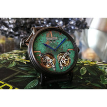 Load image into Gallery viewer, One of a kind Heritage Dual Escapement in a heavily oxidized copper finish on the dial to resemble years of corrosion on the ocean floor.
