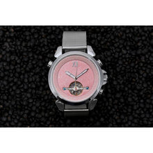 Load image into Gallery viewer, A playful and minimalistic custom made design for Her with a creative blend of pink and silver elements, silver coated casing and mesh strap, an open heart face and the extravagant case of our classic Andaluz. Feminine, Confident and Contemporary. Please allow approximately five (5) working days for assembly before dispatch can take place as this is a custom designed timepiece.
